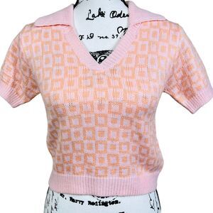 miss love pink checkered crop knit top with collar V neck short sleeve size S